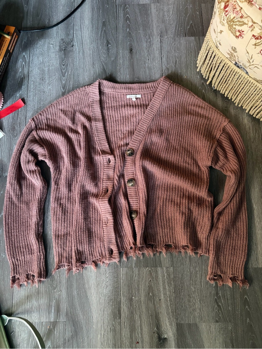 Maurices Distressed Rib-Knit Button Cardigan - Mauve
